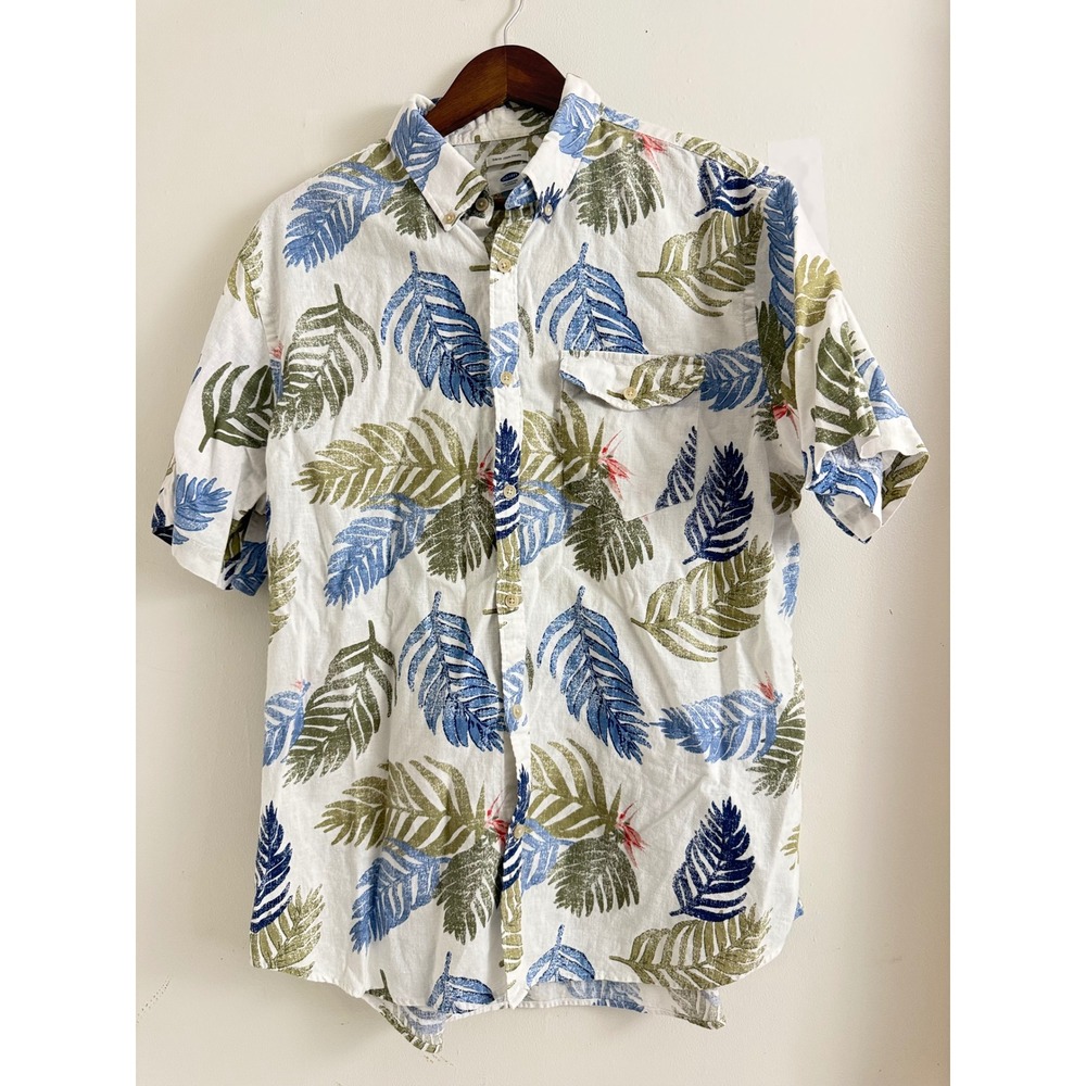 Old Navy Slim Fit Linen Cotton Tropical Leaf Print Short Sleeve Shirt XL Blue